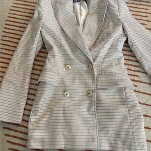 Zara White and Blue Blazer Double-Breasted Suit Jacket